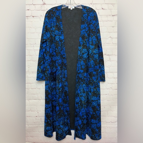 Lularoe Blue and Black Floral Sarah Duster Cardigan - Picture 1 of 9